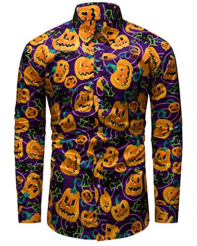 fohemr Herren Halloween Hemd Langärm Slim Fit Freizeithemd Kürbis Muster Lustig Funky Hemden Lila Large von fohemr