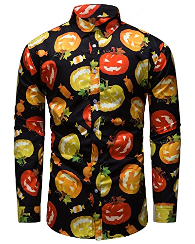 fohemr Herren Halloween Hemd Langärm Slim Fit Freizeithemd Kürbis Muster Lustig Funky Hemden Schwarz 3X-Large von fohemr