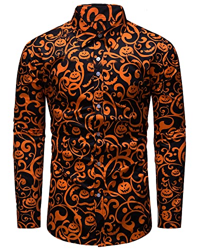 fohemr Herren Halloween Hemd Langärm Slim Fit Freizeithemd Kürbis Muster Lustig Funky Hemden Schwarz 3X-Large von fohemr