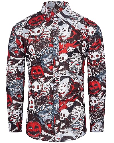 fohemr Herren Halloween Hemd Langärm Slim Fit Freizeithemd Kürbis Skelettkopf Spinne Muster Lustig Funky Hemden Casualshirts Urlaub rot Large von fohemr