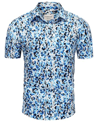 fohemr Herren Leopard Hemd Kurzarm Button down Tiger Tier Muster Freizeithemd Sommerhemd Blau 4X-Large von fohemr