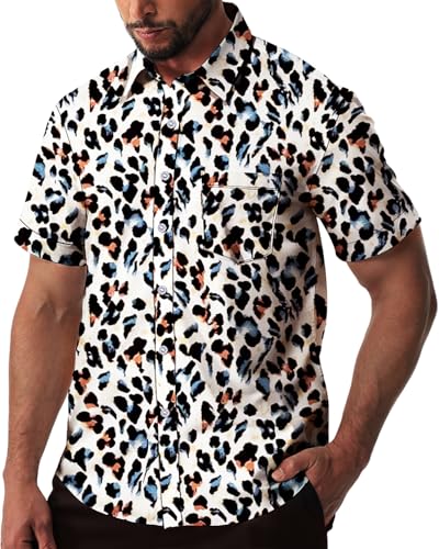 fohemr Herren Leopard Hemd Kurzarm Button down Tiger Tier Muster Freizeithemd Sommerhemd Braun Large von fohemr