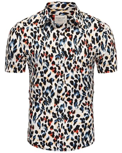 fohemr Herren Leopard Hemd Kurzarm Button down Tiger Tier Muster Freizeithemd Sommerhemd Braun X-Large von fohemr