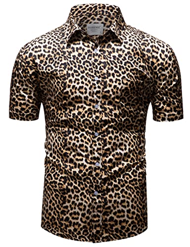 fohemr Herren Leopard Hemd Kurzarm Button down Tiger Tier Muster Freizeithemd Sommerhemd Gelb 3X-Large von fohemr