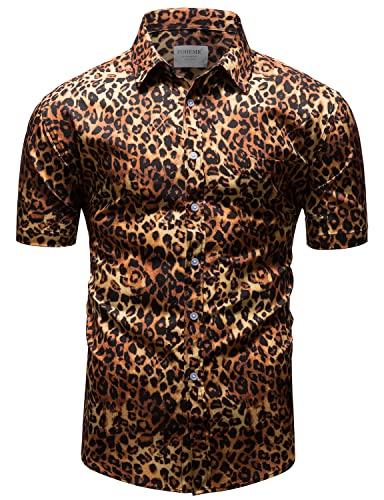 fohemr Herren Leopard Hemd Kurzarm Button down Tiger Tier Muster Freizeithemd Sommerhemd Gelb 3X-Large von fohemr