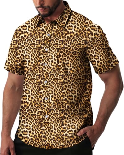 fohemr Herren Leopard Hemd Kurzarm Button down Tiger Tier Muster Freizeithemd Sommerhemd Gelb 4X-Large von fohemr
