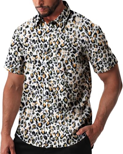 fohemr Herren Leopard Hemd Kurzarm Button down Tiger Tier Muster Freizeithemd Sommerhemd Gelb 4X-Large von fohemr