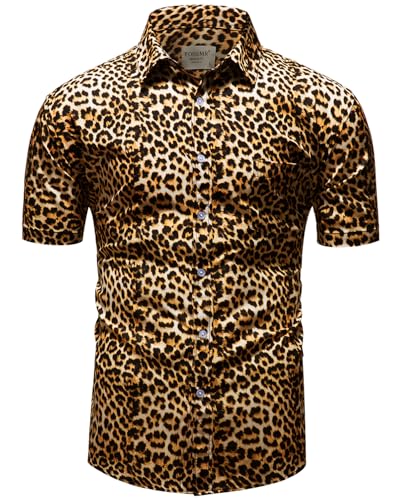 fohemr Herren Leopard Hemd Kurzarm Button down Tiger Tier Muster Freizeithemd Sommerhemd Gelb Small von fohemr