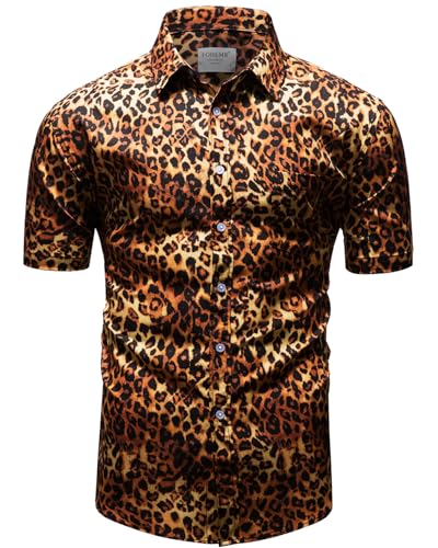 fohemr Herren Leopard Hemd Kurzarm Button down Tiger Tier Muster Freizeithemd Sommerhemd Gelb Small von fohemr