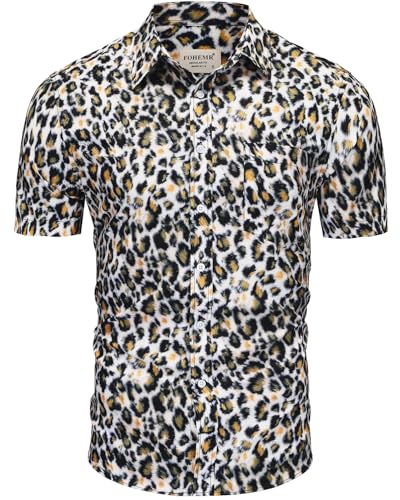 fohemr Herren Leopard Hemd Kurzarm Button down Tiger Tier Muster Freizeithemd Sommerhemd Gelb XX-Large von fohemr