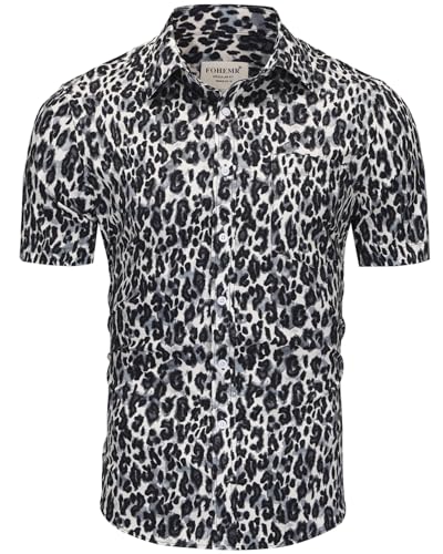 fohemr Herren Leopard Hemd Kurzarm Button down Tiger Tier Muster Freizeithemd Sommerhemd Grau 3X-Large von fohemr