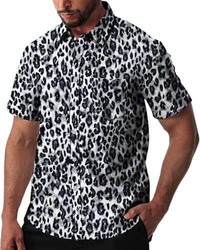 fohemr Herren Leopard Hemd Kurzarm Button down Tiger Tier Muster Freizeithemd Sommerhemd Grau Medium von fohemr