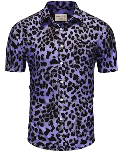 fohemr Herren Leopard Hemd Kurzarm Button down Tiger Tier Muster Freizeithemd Sommerhemd Lila 3X-Large von fohemr