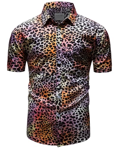 fohemr Herren Leopard Hemd Kurzarm Button down Tiger Tier Muster Freizeithemd Sommerhemd Lila 4X-Large von fohemr