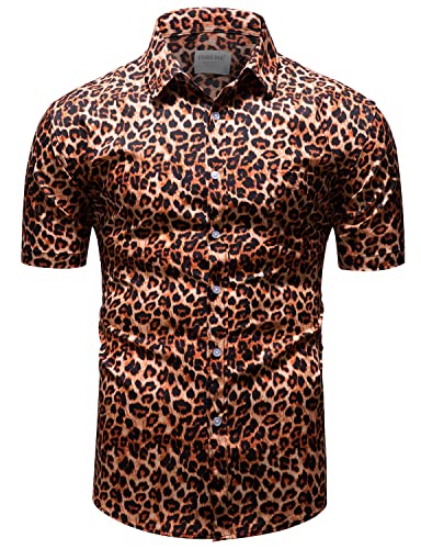 fohemr Herren Leopard Hemd Kurzarm Button down Tiger Tier Muster Freizeithemd Sommerhemd Orange Large von fohemr