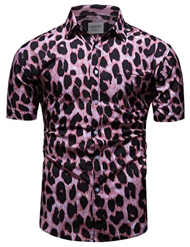fohemr Herren Leopard Hemd Kurzarm Button down Tiger Tier Muster Freizeithemd Sommerhemd Rosa 4X-Large von fohemr