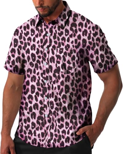 fohemr Herren Leopard Hemd Kurzarm Button down Tiger Tier Muster Freizeithemd Sommerhemd Rosa Small von fohemr