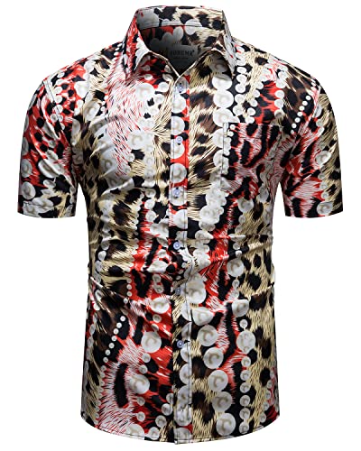 fohemr Herren Leopard Perlenschnur Muster Hemd Kurzarm Button down Freizeithemd Sommerhemd Gelb Small von fohemr