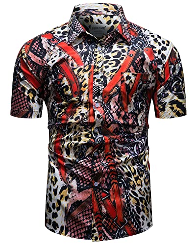 fohemr Herren Leopard Schlangenhaut Muster Hemd Kurzarm Button down Freizeithemd Sommerhemd Orange 4X-Large von fohemr