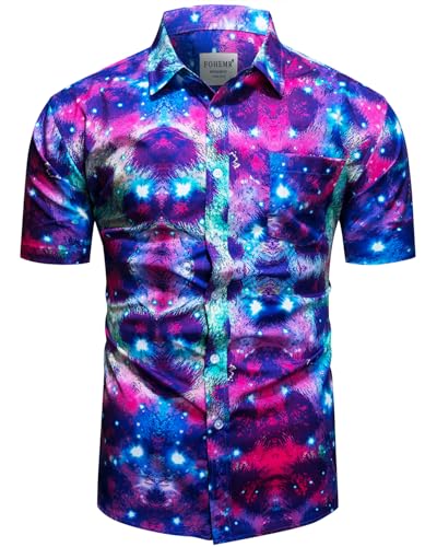fohemr Herren Leopard Sternenhimmel Muster Hemd Kurzarm Button down Freizeithemd Sommerhemd Lila XX-Large von fohemr