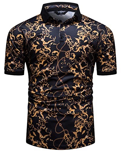 fohemr Herren Poloshirt Barock Stil Kurzarm Polo Shirts Golden Chain Muster Polohemd Sommer Golf Tennis Tshirt für Männer Schwarz 3X-Large von fohemr