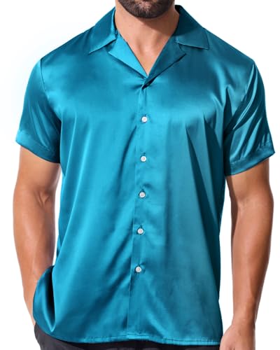 fohemr Herren Satin Glänzende Hemd Freizeit Kurzarm Button Down Solid Kleid Stilvolle Business Sommer Party Hemd Blau Mittel von fohemr