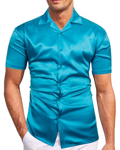 fohemr Herren Satin Glänzende Hemd Freizeit Kurzarm Button Down Solid Kleid Stilvolle Business Sommer Party Hemd Blau X-Large von fohemr