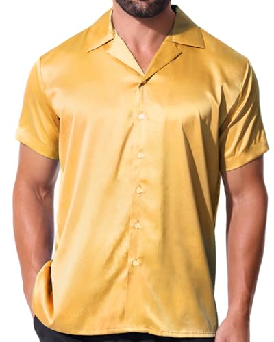 fohemr Herren Satin Glänzende Hemd Freizeit Kurzarm Button Down Solid Kleid Stilvolle Business Sommer Party Hemd Gelb Groß von fohemr