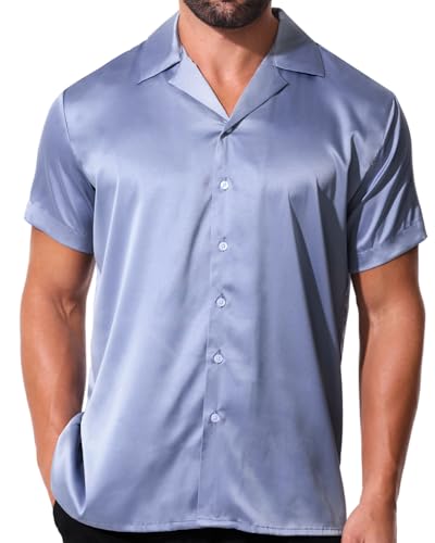 fohemr Herren Satin Glänzende Hemd Freizeit Kurzarm Button Down Solid Kleid Stilvolle Business Sommer Party Hemd Grau Groß von fohemr