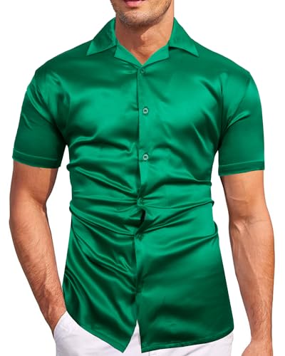 fohemr Herren Satin Glänzende Hemd Freizeit Kurzarm Button Down Solid Kleid Stilvolle Business Sommer Party Hemd Grün 3X-Large von fohemr