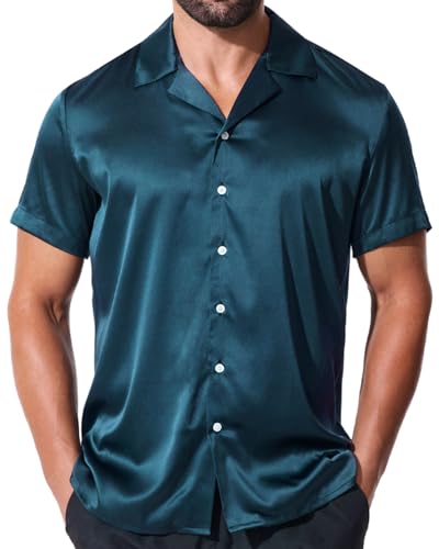 fohemr Herren Satin Glänzende Hemd Freizeit Kurzarm Button Down Solid Kleid Stilvolle Business Sommer Party Hemd Grün 3X-Large von fohemr