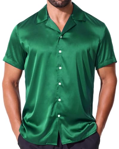 fohemr Herren Satin Glänzende Hemd Freizeit Kurzarm Button Down Solid Kleid Stilvolle Business Sommer Party Hemd Grün Klein von fohemr
