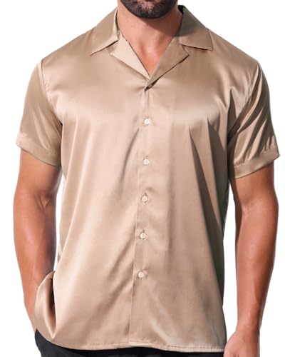 fohemr Herren Satin Glänzende Hemd Freizeit Kurzarm Button Down Solid Kleid Stilvolle Business Sommer Party Hemd Khakifarbe Groß von fohemr