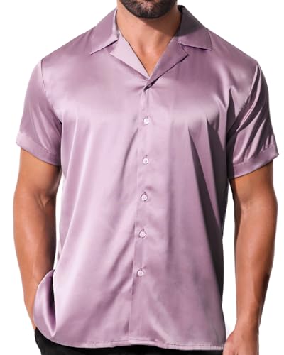 fohemr Herren Satin Glänzende Hemd Freizeit Kurzarm Button Down Solid Kleid Stilvolle Business Sommer Party Hemd Rosa Mittel von fohemr