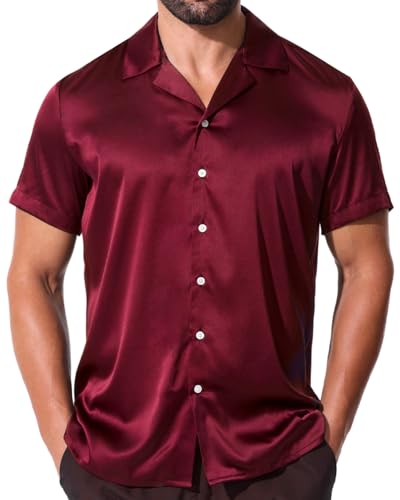 fohemr Herren Satin Glänzende Hemd Freizeit Kurzarm Button Down Solid Kleid Stilvolle Business Sommer Party Hemd Rot Mittel von fohemr
