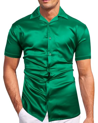 fohemr Herren Satin Glänzende Hemd Freizeit Kurzarm Button Down Solid Kleid Stilvolle Business Sommer Party Hemd Grün Groß von fohemr