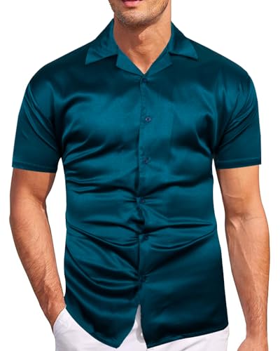 fohemr Herren Satin Glänzende Hemd Freizeit Kurzarm Button Down Solid Kleid Stilvolle Business Sommer Party Hemd Grün Groß von fohemr