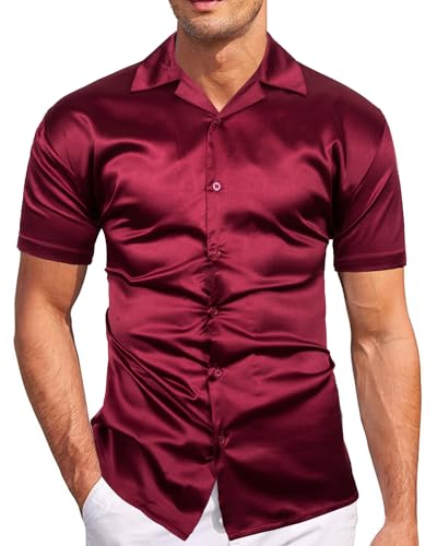 fohemr Herren Satin Glänzende Hemd Freizeit Kurzarm Button Down Solid Kleid Stilvolle Business Sommer Party Hemd Rot Groß von fohemr