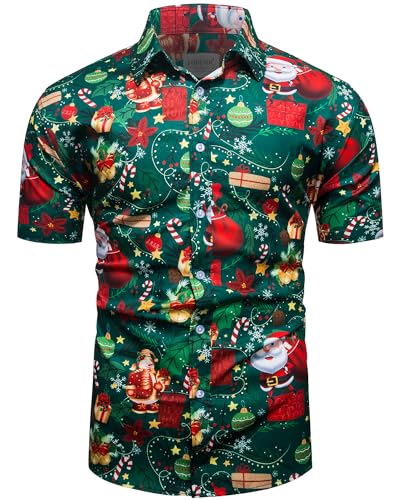 fohemr Herren Weihnachten Festival Barock Hemd Knöpfe Weihnachtsmann Bäume Gedruckt Kurze Ärmel Party Shirt Grün X-Large von fohemr