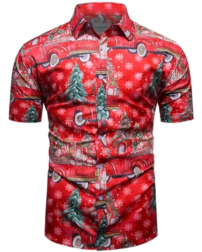 fohemr Herren Weihnachten Festival Barock Hemd Knöpfe Weihnachtsmann Gedruckt Kurze Ärmel Party Shirt Rot 3X-Large von fohemr
