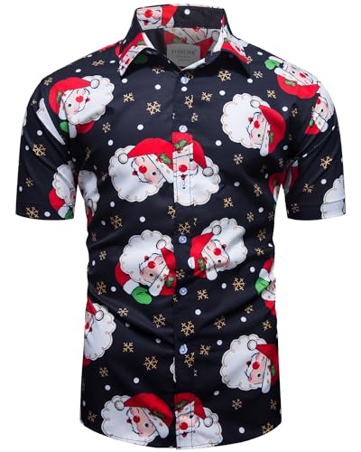 fohemr Herren Weihnachten Festival Barock Hemd Knöpfe Weihnachtsmann Gedruckt Kurze Ärmel Party Shirt Schwarz Large von fohemr
