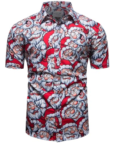 fohemr Herren Weihnachten Festival Barock Hemd Knöpfe Weihnachtsmann Schneemann Gedruckt Kurze Ärmel Party Shirt Rot Medium von fohemr