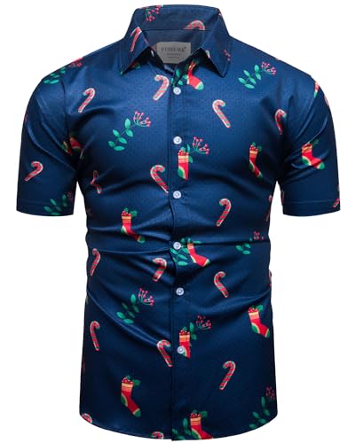 fohemr Herren Weihnachten Festival Barock Hemd Knöpfe Weihnachtsmann Süßigkeiten Gedruckt Kurze Ärmel Party Shirt Blau Medium von fohemr