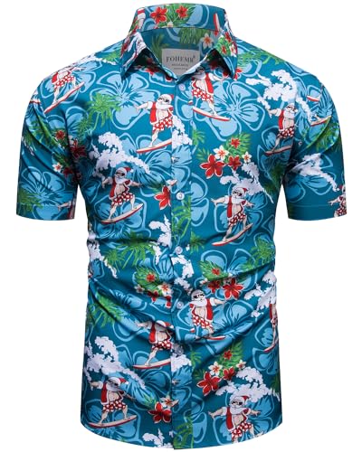 fohemr Herren Weihnachten Festival Barock Hemd Knöpfe Weihnachtsmann Surfen Gedruckt Kurze Ärmel Party Shirt Blau Medium von fohemr