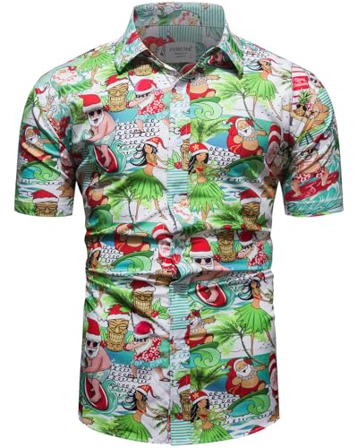 fohemr Herren Weihnachten Festival Barock Hemd Knöpfe Weihnachtsmann Surfen Gedruckt Kurze Ärmel Party Shirt Grün Small von fohemr