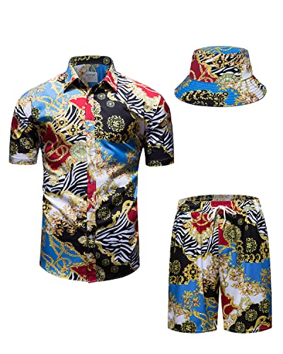 fohemr Herren barock 2-Teiliges Outfit Golden Chain Muster Blau Hemd shorts mit Eimerhut Freizeitanzug Sommer Urlaub Strand set Large von fohemr