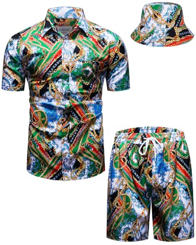 fohemr Herren barock 2-Teiliges Outfit Golden Chain Muster Grün Hemd shorts mit Eimerhut Freizeitanzug Sommer Urlaub Strand set Small von fohemr