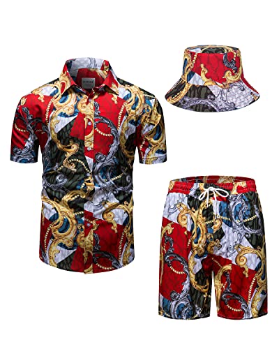 fohemr Herren barock 2-Teiliges Outfit Golden Chain Muster Rot Hemd shorts mit Eimerhut Freizeitanzug Sommer Urlaub Strand set X-Large von fohemr