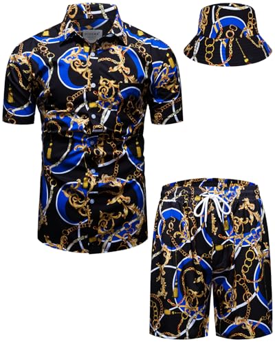fohemr Herren barock 2-Teiliges Outfit Golden Chain Muster Schwarz Hemd shorts mit Eimerhut Freizeitanzug Sommer Urlaub Strand set 3X-Large von fohemr