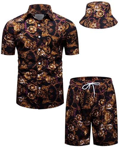 fohemr Herren barock 2-Teiliges Outfit Golden Chain Muster Schwarz Hemd shorts mit Eimerhut Freizeitanzug Sommer Urlaub Strand set 3X-Large von fohemr